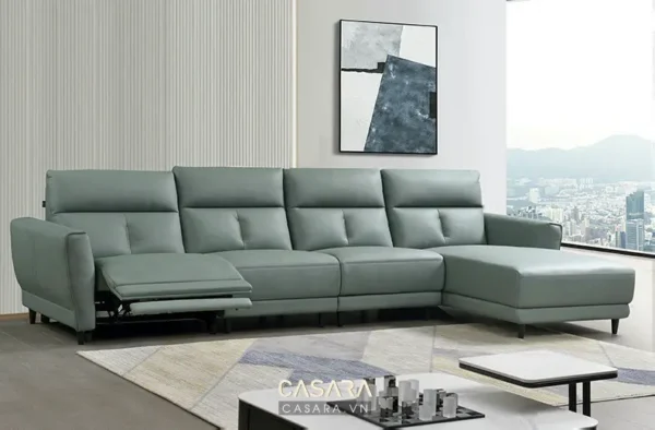 Bộ sofa góc màu xanh nhạt hiện đại, sang trọng trong phòng khách.