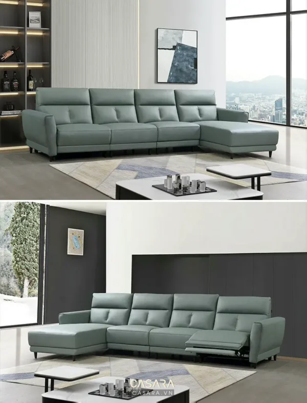 Bộ sofa góc màu xanh ngọc bích hiện đại, sang trọng trong phòng khách.