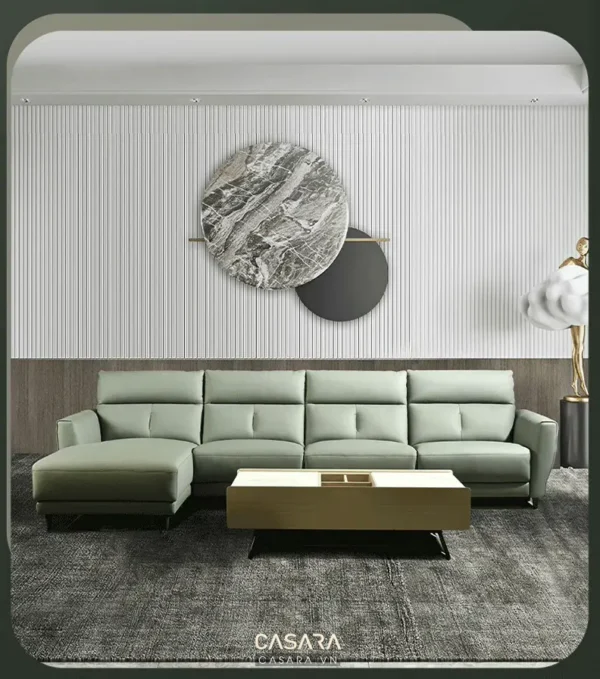 Phòng khách hiện đại với sofa góc và tranh tròn nghệ thuật.