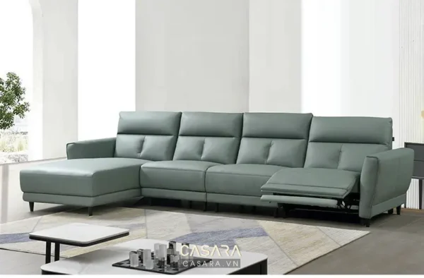 Bộ sofa da màu xanh ngọc bích hiện đại, thiết kế góc chữ L rộng rãi.