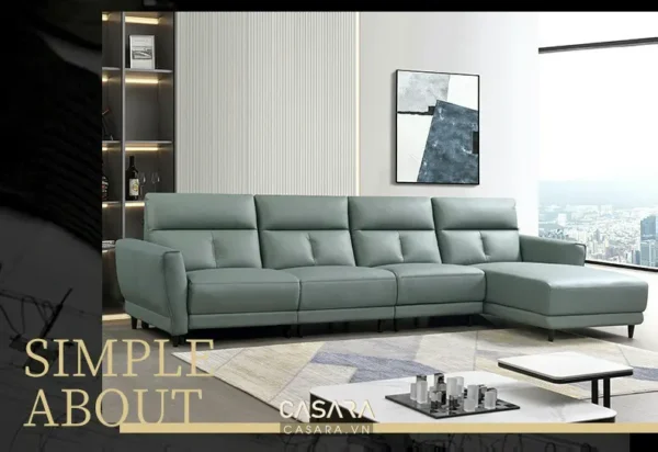 Bộ sofa góc hiện đại, màu xanh lá, sang trọng trong căn hộ cao cấp.