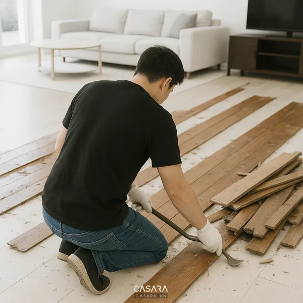 Người đàn ông đang lắp sàn gỗ trong phòng khách.