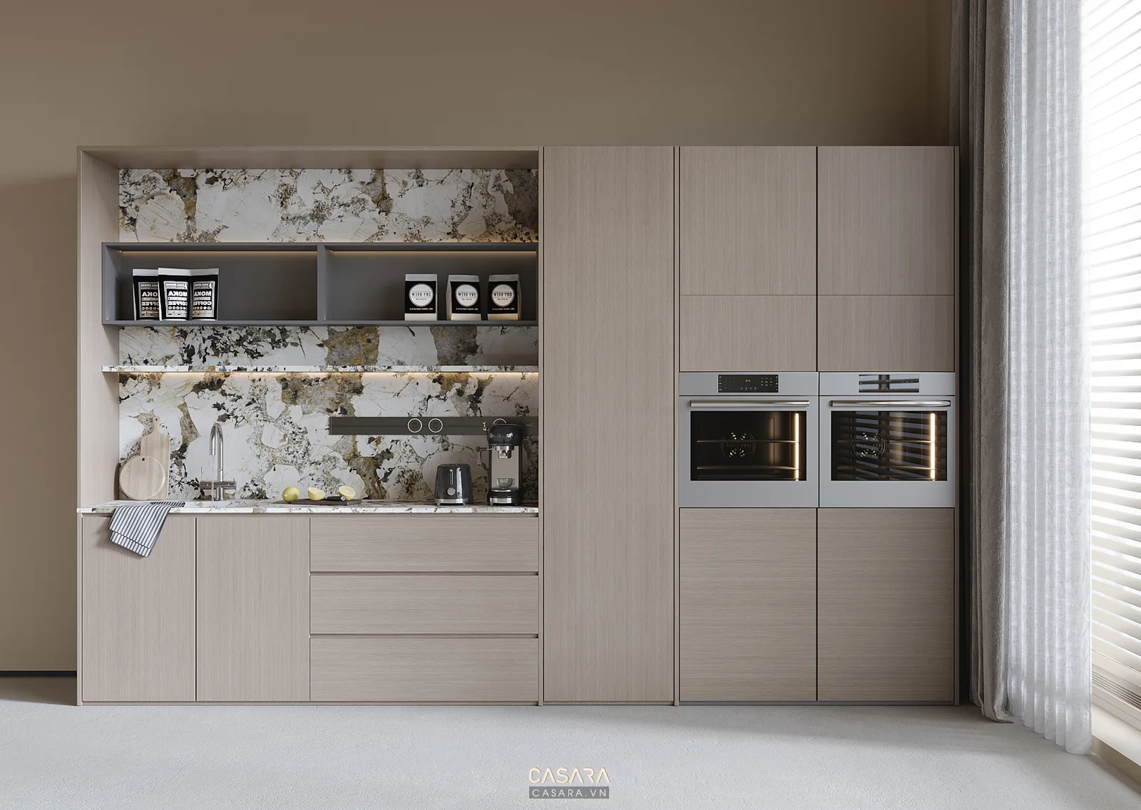 Thiết kế nhà và nội thất khu bếp với tủ gỗ mặt đá và kính ốp bếp