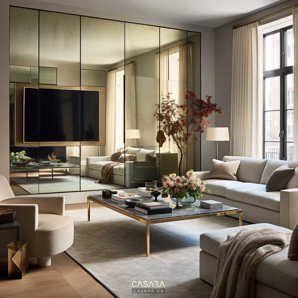 Bàn trà phòng khách lớn thiết kế riêng đồng bộ với sofa, kệ tivi gỗ, tủ trang trí và thảm lớn