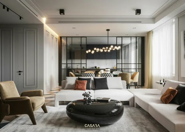 Vách kính cho phòng khách liền bếp 40m2 hiện đại
