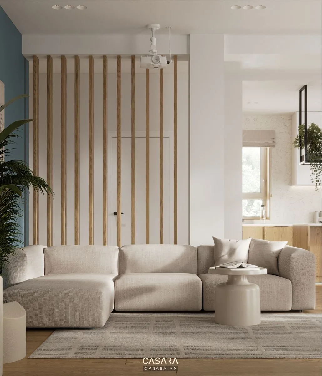 Bộ sofa phòng giám đốc chữ L màu trung tính với bàn trà mặt đá thảm lớn và vách gỗ veneer