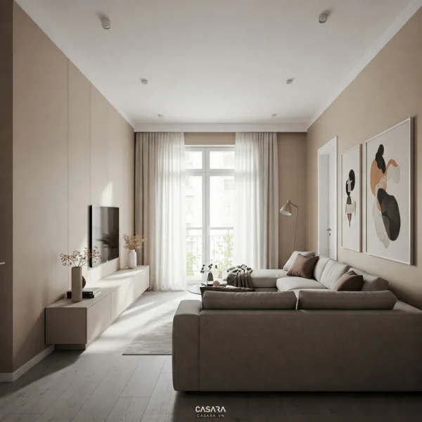 Phòng khách hiện đại tông be có sofa lớn, kệ tivi thấp, cửa sổ và ánh sáng tự nhiên