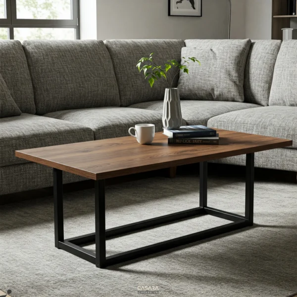 Nhà rộng 7m có bàn trà gỗ và sofa cân đối