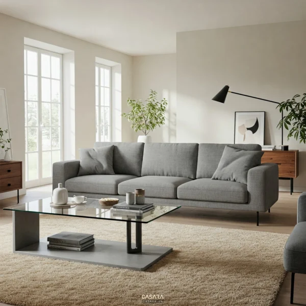 Phòng khách tối giản 20m2 với sofa xám và bàn trà