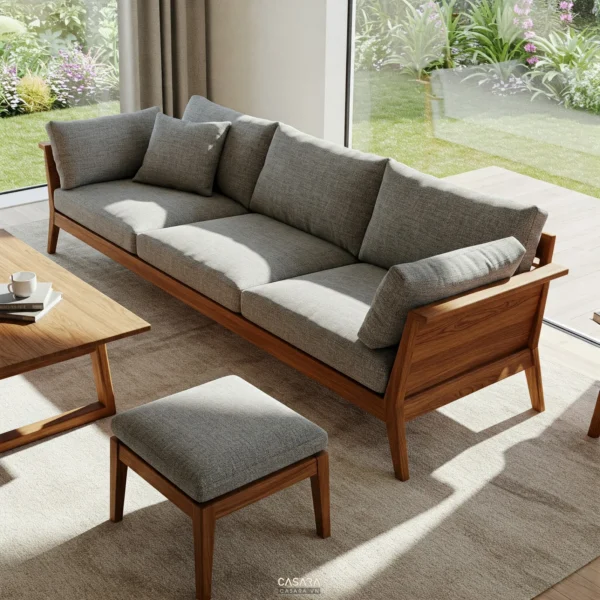 Sofa gỗ sồi và bàn trà trong phòng khách đương đại