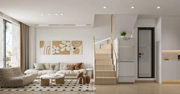 Phòng khách hiện đại, sáng sủa với nội thất đơn giản.
