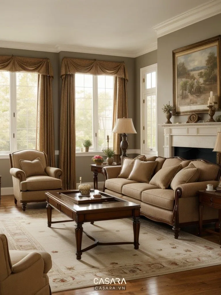 nội thất phòng khách đơn giản phong cách Bắc Âu có sofa sáng và bàn gỗ