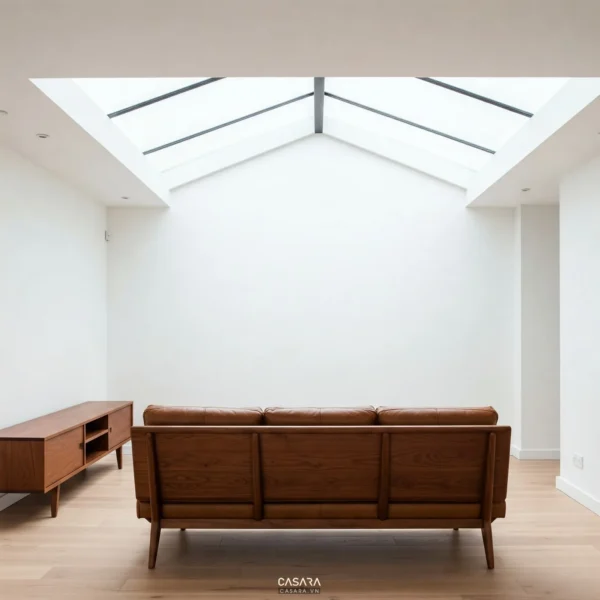Nhà rộng 7m có không gian mở với sofa, kệ tivi đồng bộ và ánh sáng tự nhiên.
