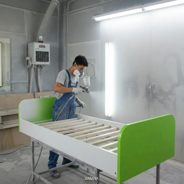Kỹ thuật viên phun sơn giường trẻ em trong buồng sơn tại xưởng nội thất