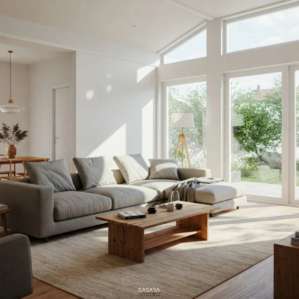Phòng khách nhà nhỏ sáng thoáng với sofa module, bàn trà gọn và cửa kính lớn