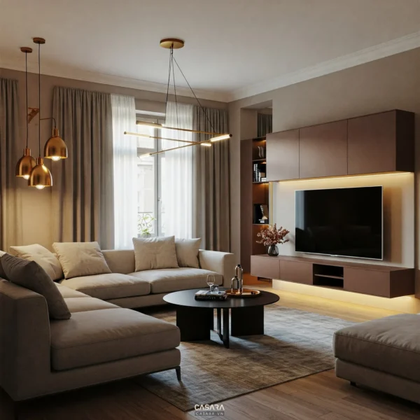 Phòng khách nhà phố có sofa chữ L, kệ tivi âm tường, rèm sáng và bàn trà tròn