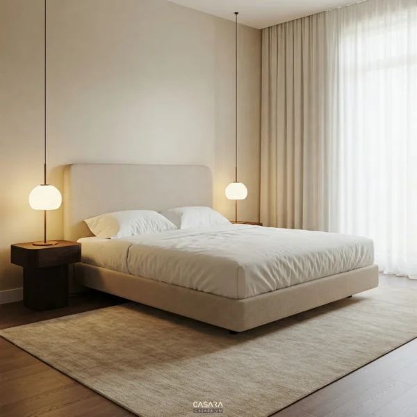 Phòng ngủ boutique hotel tường be, rèm trắng và ánh sáng vàng dịu