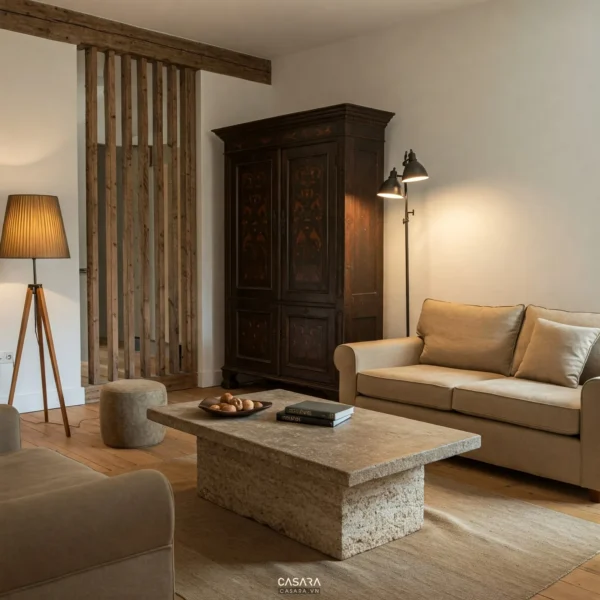 Phòng khách có tủ đồ cổ sofa be và ánh sáng phân tầng.
