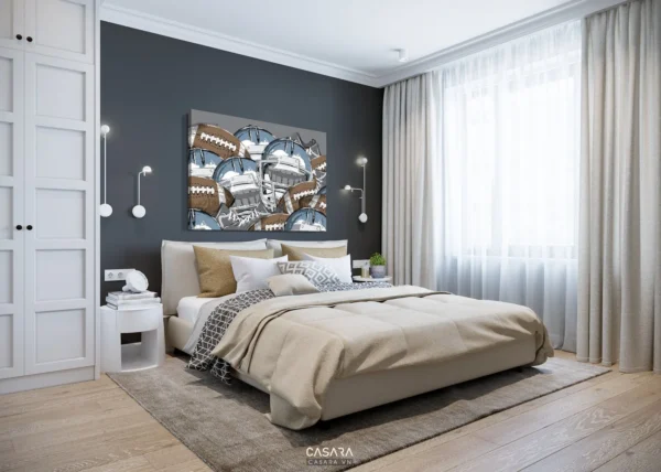 Phòng ngủ 12m2 tông sáng có giường gọn, tủ cao và lối đi thoáng