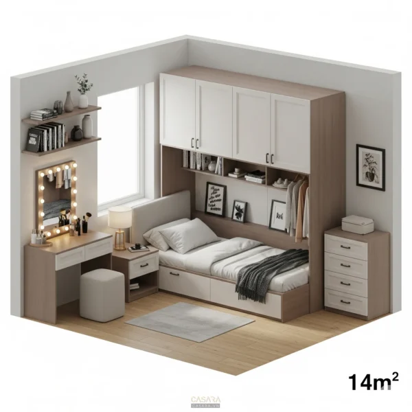 Thiết kế phòng nhỏ với giường, tủ, bàn, ánh sáng và giải pháp lưu trữ giúp tối ưu diện tích.