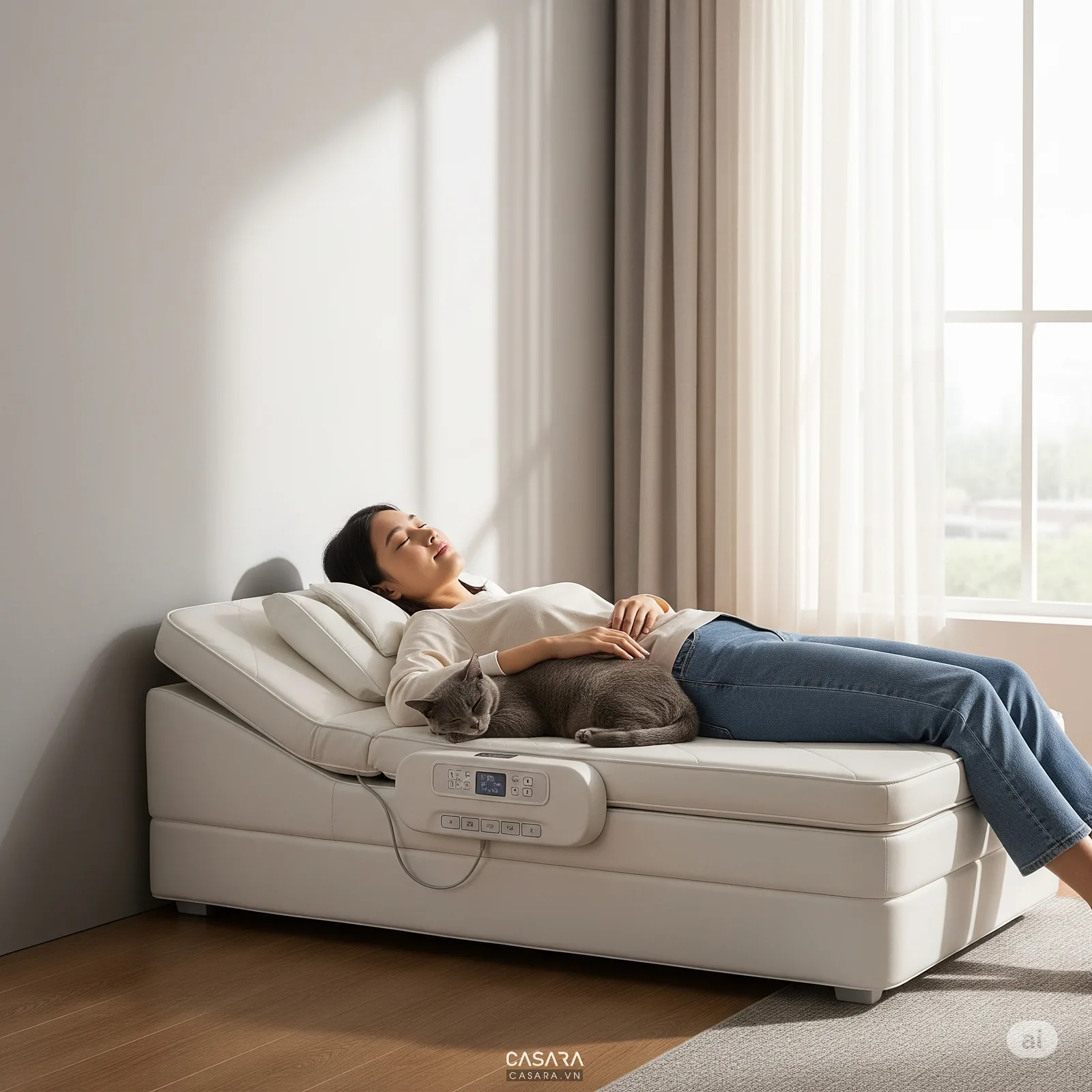 giường thông minh dành cho người già có cơ cấu nâng hạ và đèn đầu giường dễ dùng