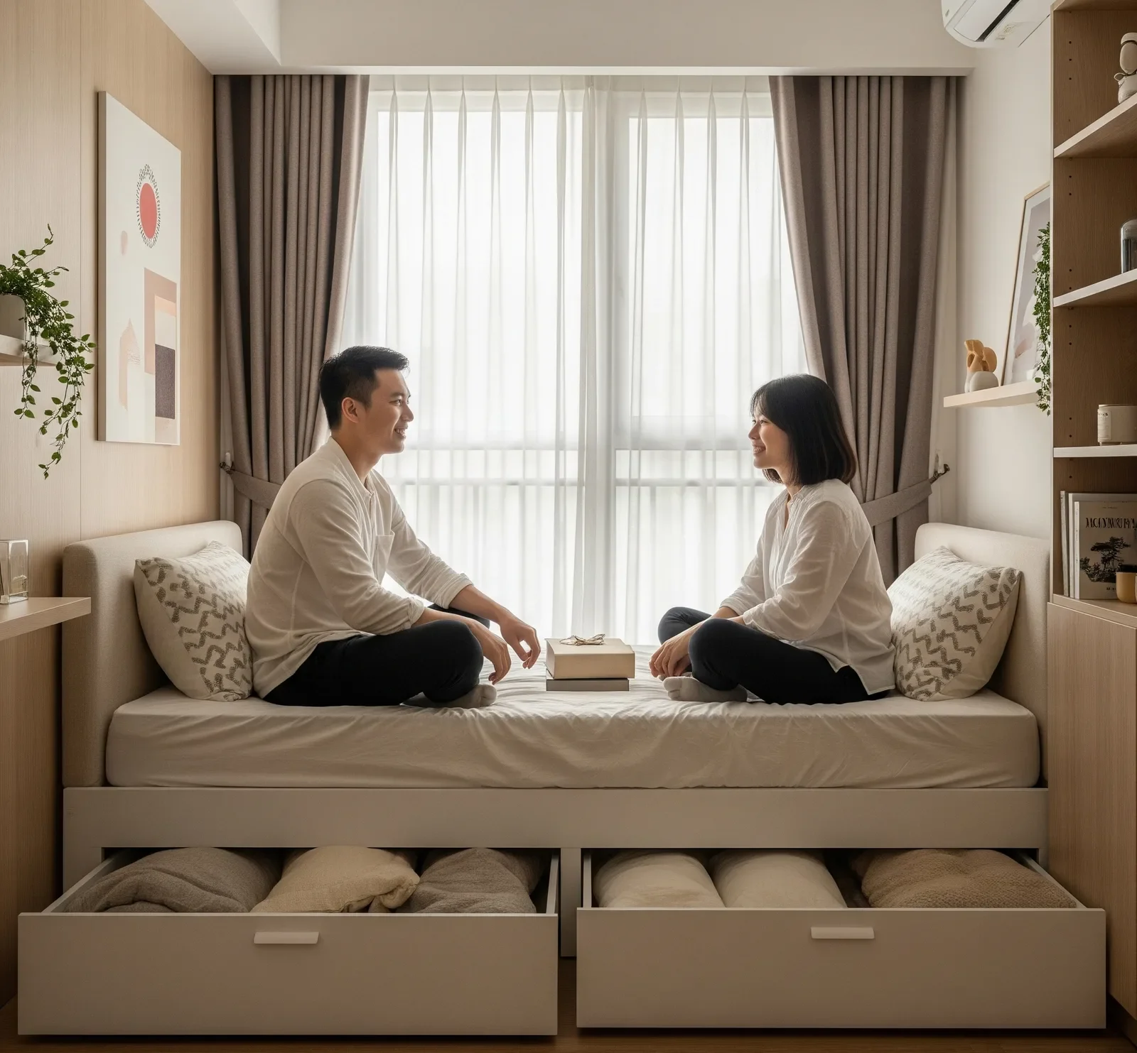 Thiết kế chung cư mini 30m2 phong cách nhật có giường thấp rèm voan và tủ gỗ sáng