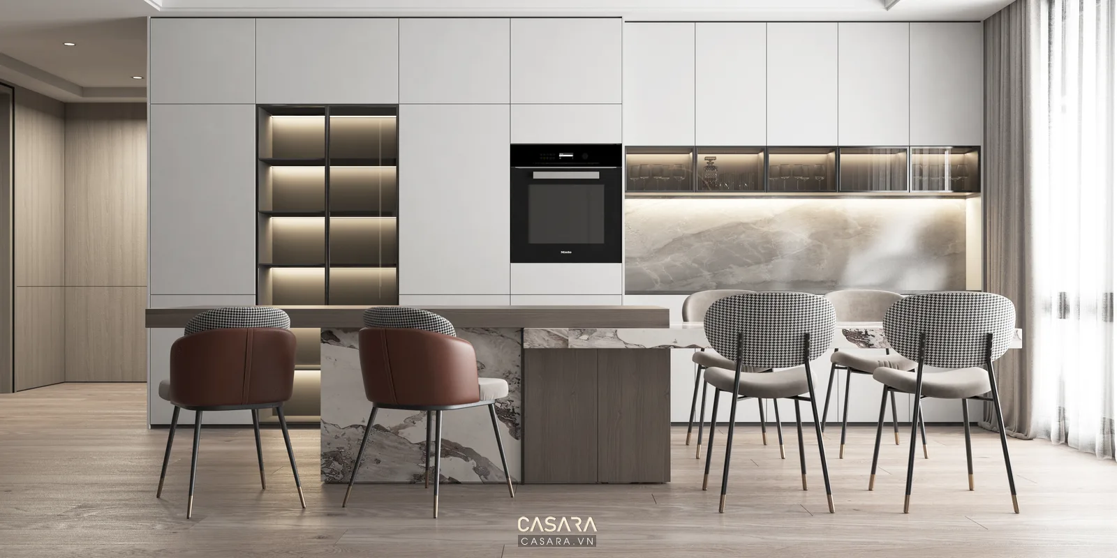 Không gian bếp gia đình có hệ tủ gọn và ánh sáng đều cho chủ đề nội thất phòng.