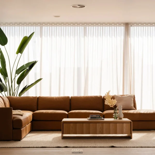 Phòng khách hiện đại với bộ sofa màu cam.