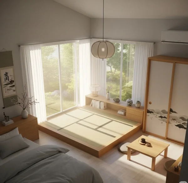 Phòng phong cách Nhật có chiếu tatami, bàn thấp, cửa trượt và ánh sáng tự nhiên