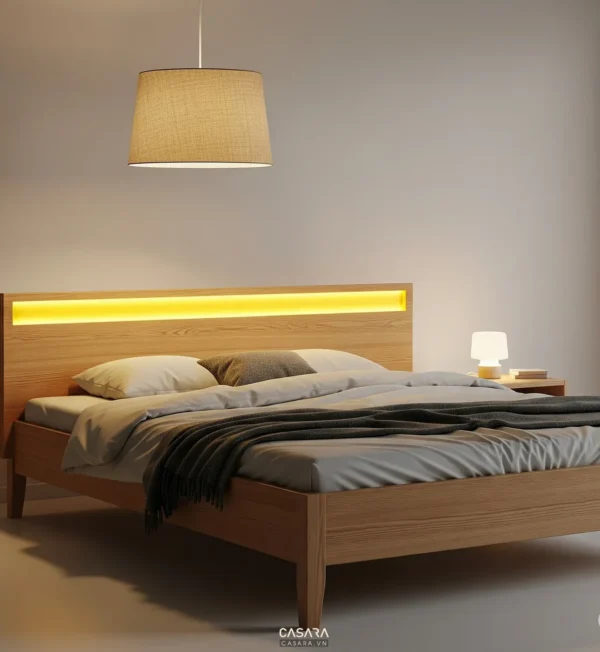 Phòng ngủ hiện đại với giường gỗ và đèn chiếu sáng.