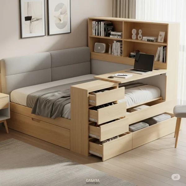 Bàn ngủ đa năng kết hợp giường và tủ đựng đồ.