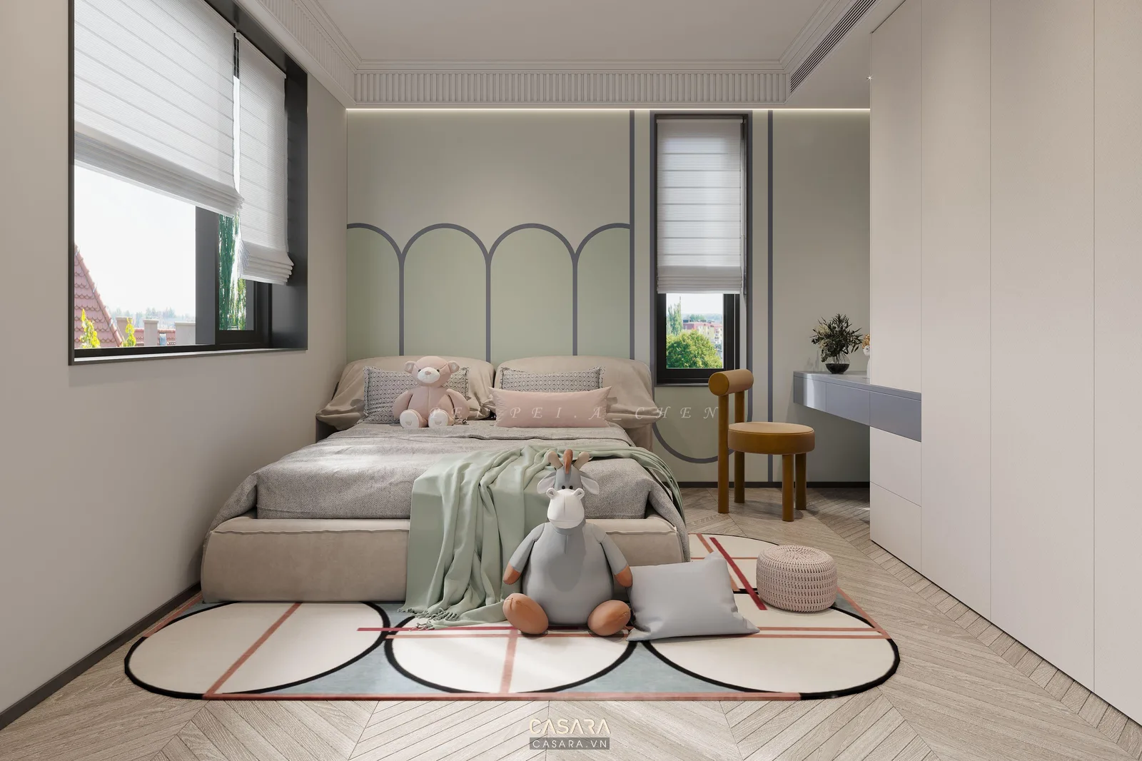 Phòng bé gái rộng có khu ngủ khu học tủ áo kịch trần thảm chơi kệ trang trí màu trắng gỗ pastel