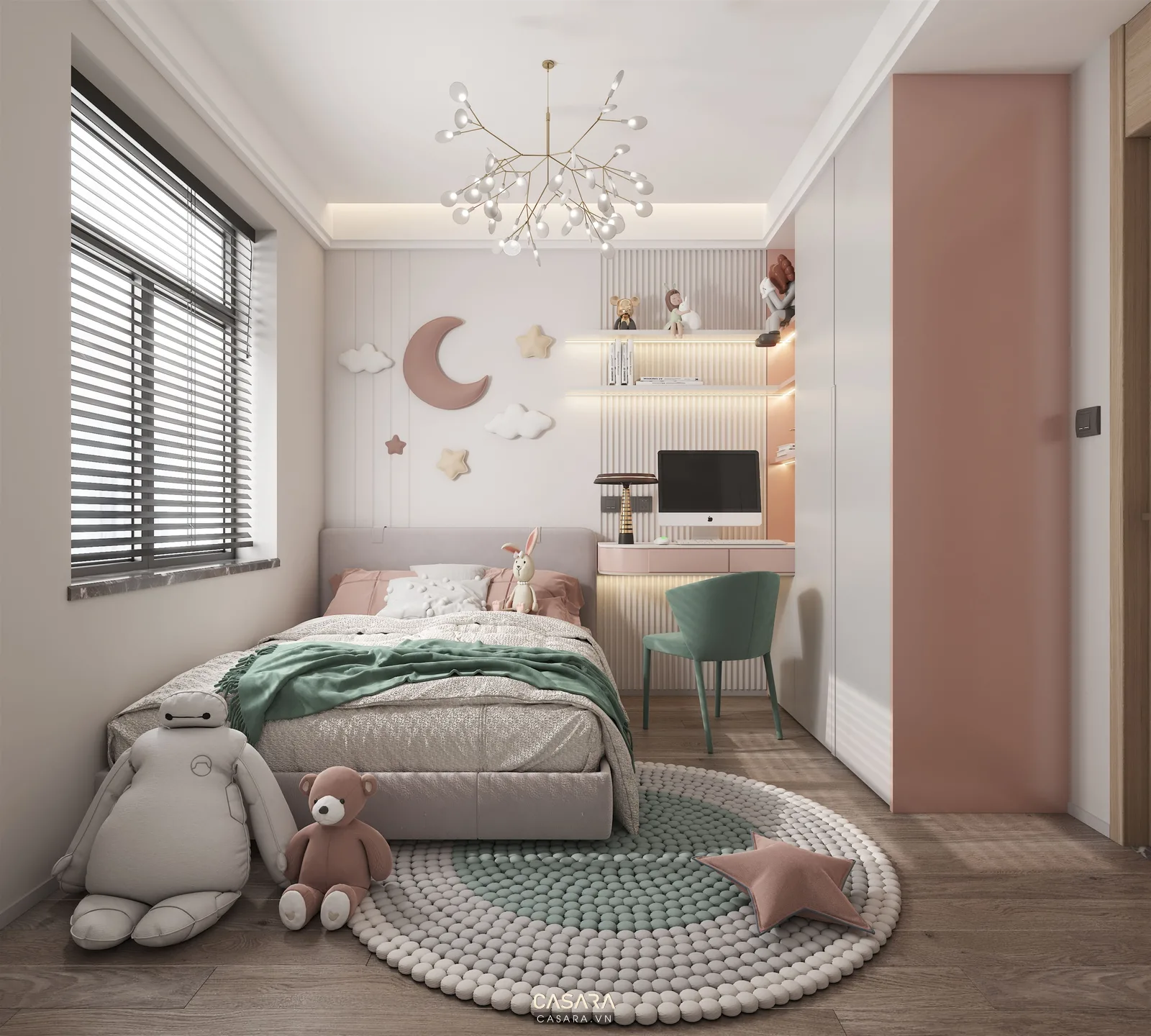 Phòng ngủ trẻ em có giường, bàn học cạnh cửa sổ và tủ áo màu hồng nhạt