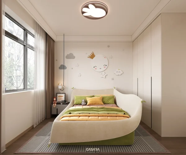 Phòng trẻ em sáng với giường bo cong, cửa sổ lớn và tủ áo liền tường