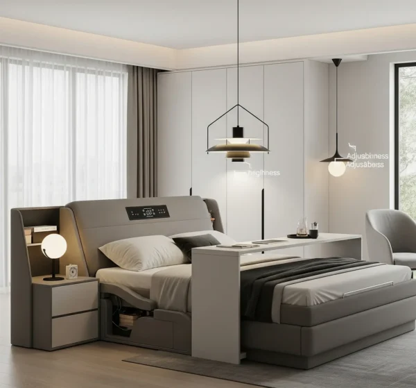 Phòng ngủ hiện đại với giường và tủ đầu giường.
