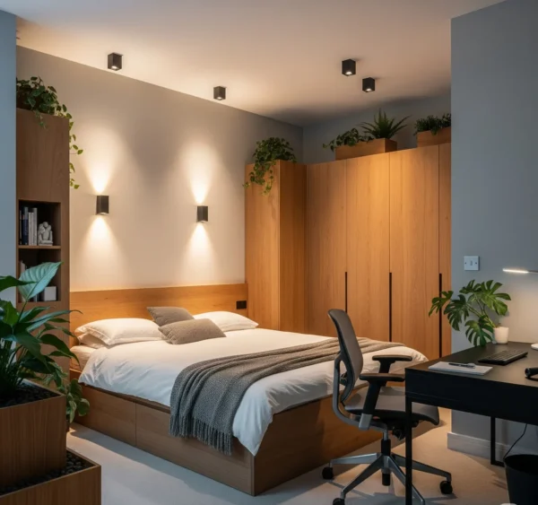 Phòng ngủ 15m2 có bố cục giường và tủ hợp lý