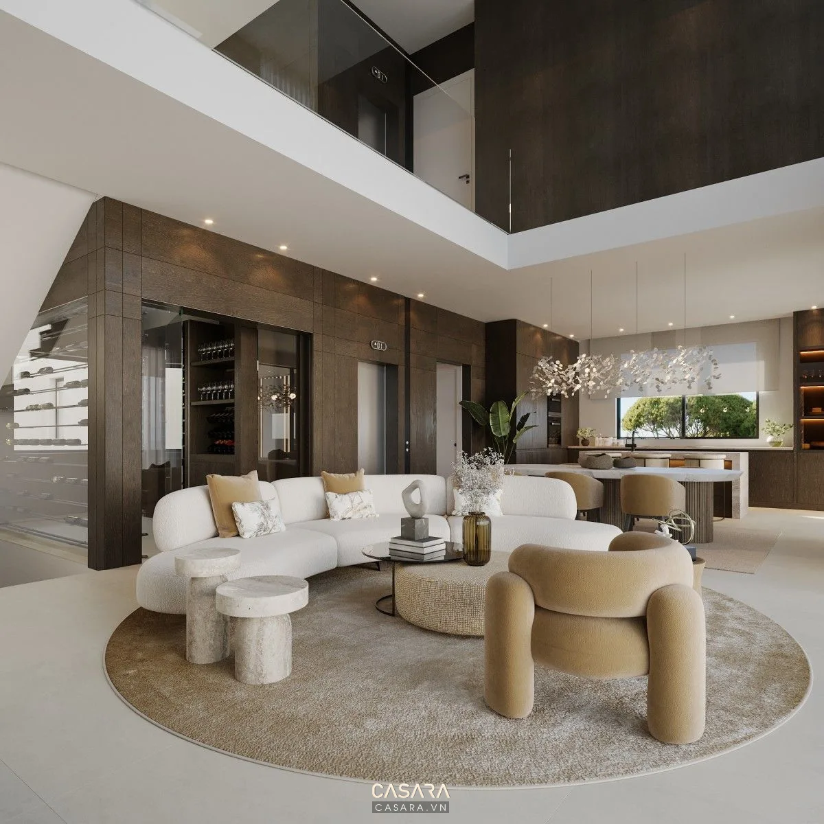 Phòng khách biệt thự thông tầng với sofa, bàn trà và trục nhìn rộng