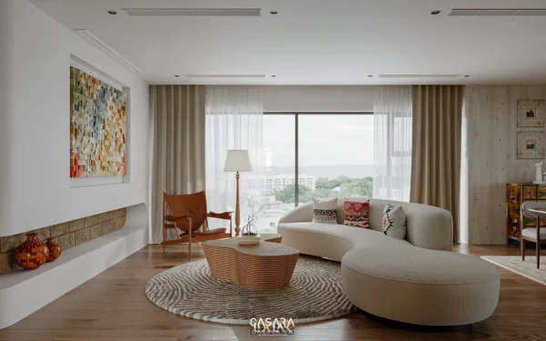 Mẫu thiết kế nhà và nội thất thực tế với phòng khách, phòng ngủ, bếp, ban công, ánh sáng, vật liệu và bố trí công năng phù hợp sinh hoạt gia đình.