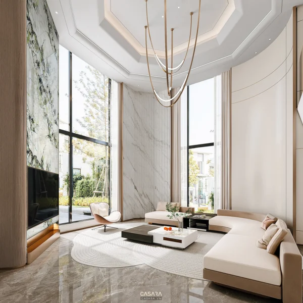 Phòng khách nhà ống 5m có sofa gọn và bố cục thoáng