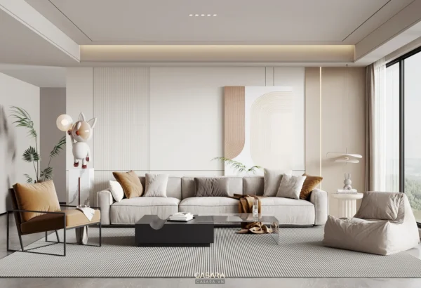 Phòng Hàn Quốc nền sáng có sofa thấp, rèm mềm và đồ decor tinh gọn