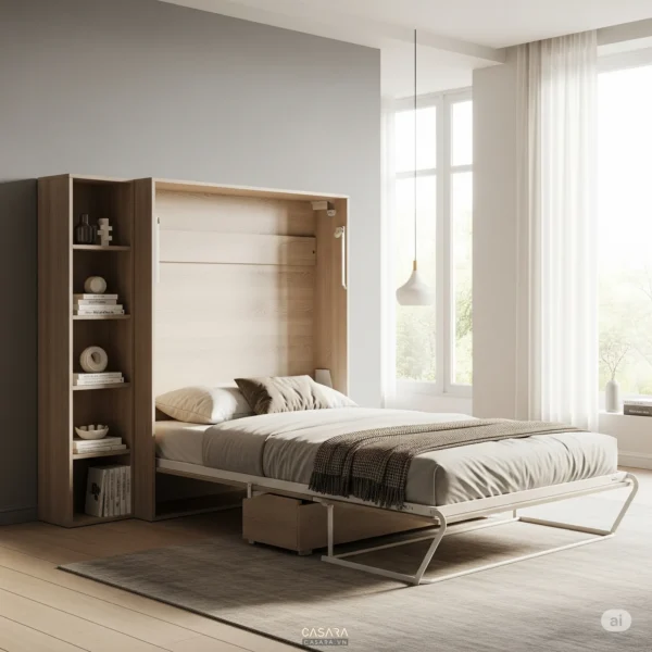 Phòng ngủ hiện đại với giường gấp thông minh và thiết kế tối giản.