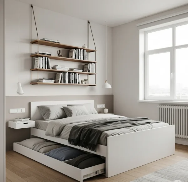 Phòng ngủ hiện đại với giường trắng, kệ sách treo và cửa sổ lớn.
