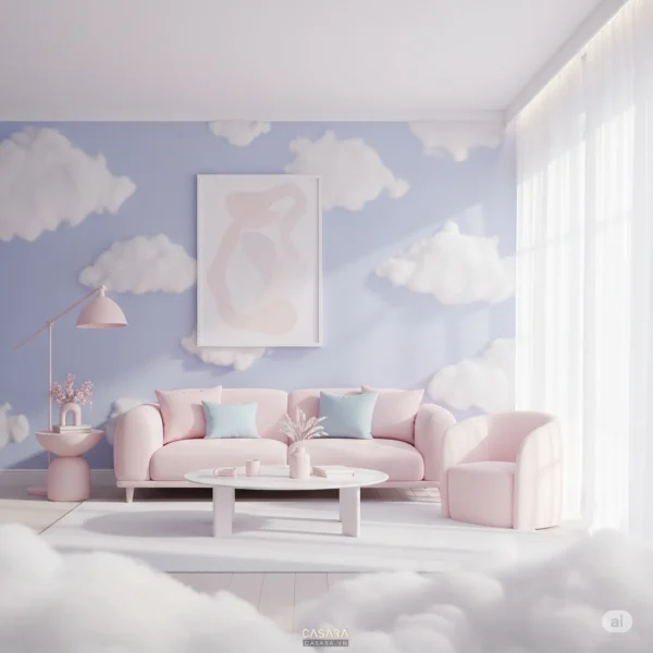 Phòng khách màu pastel với sofa hồng, trang trí mây và ánh sáng dịu nhẹ.