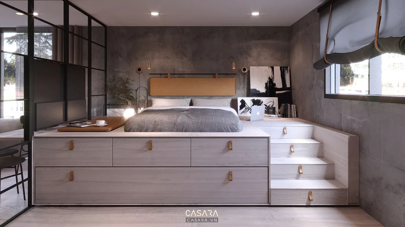 Cận cảnh vật liệu và cạnh hoàn thiện của giường thông minh 1m8x2m có hộc kéo và ray trượt