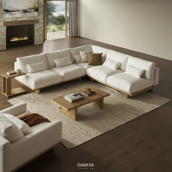 Phòng khách hiện đại với bộ sofa trắng và đồ nội thất gỗ.