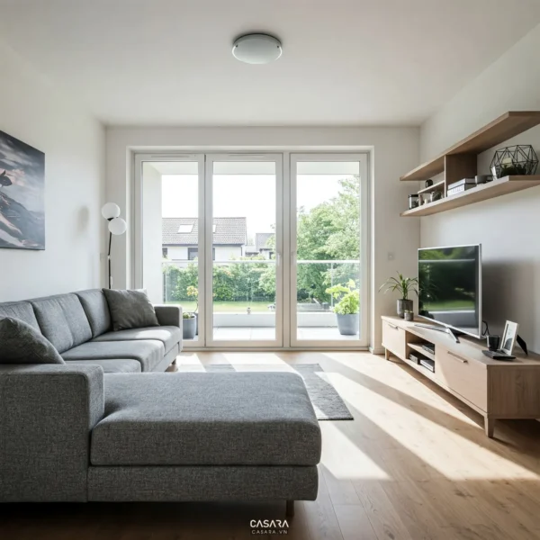 Phòng khách sáng có sofa, kệ tivi, cửa kính và lối đi gọn trong nhà nhỏ