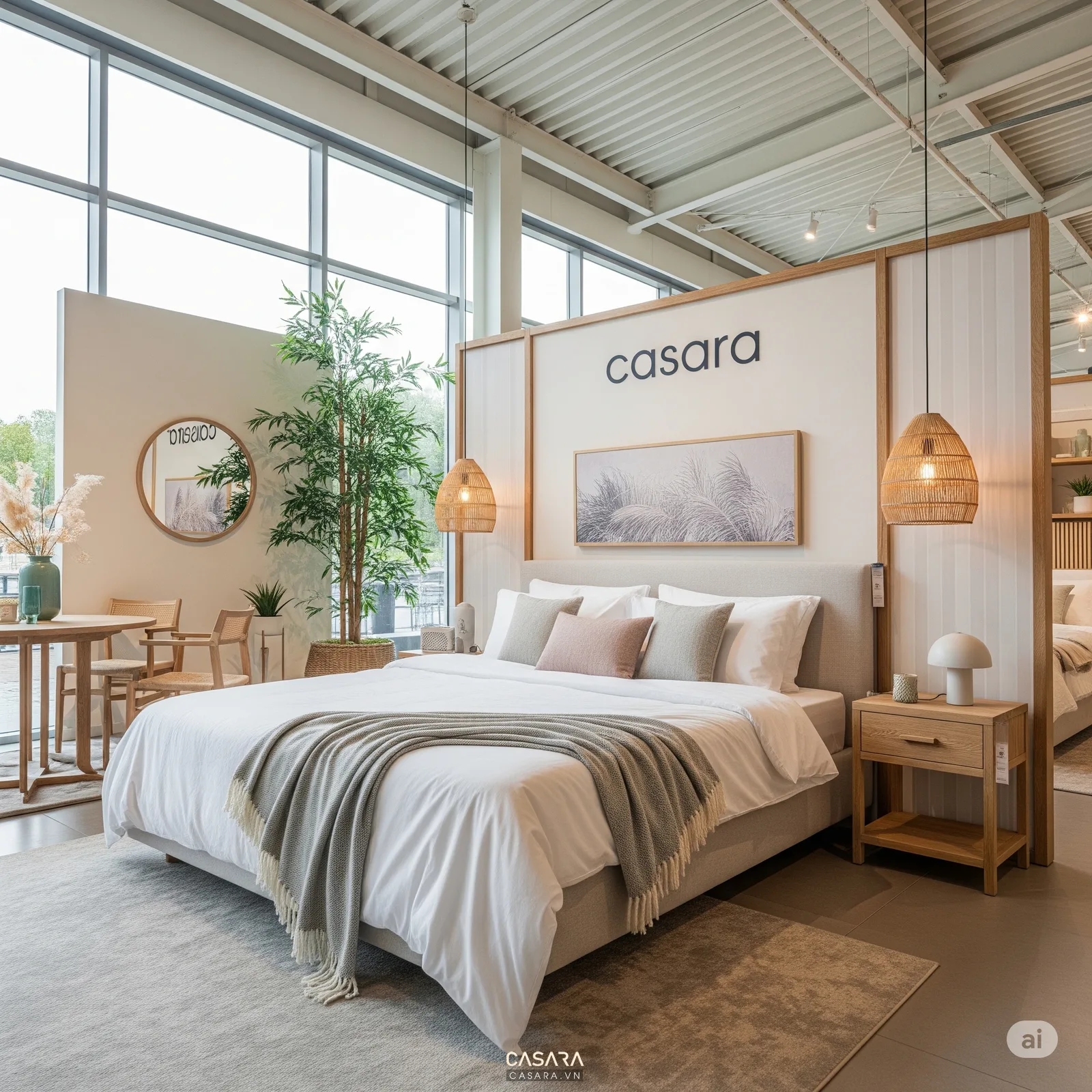 Thiết kế phòng 50m2 với giường ngủ lớn và khu thư giãn hiện đại
