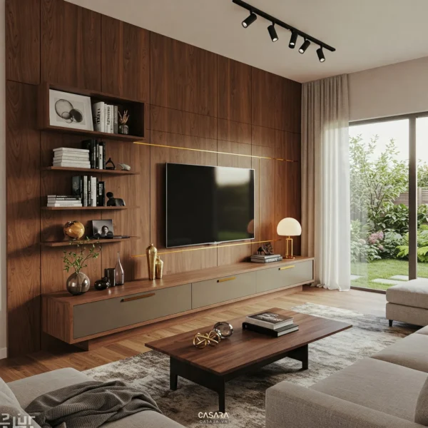 Phòng khách hiện đại với kệ TV và nội thất gỗ ấm áp.