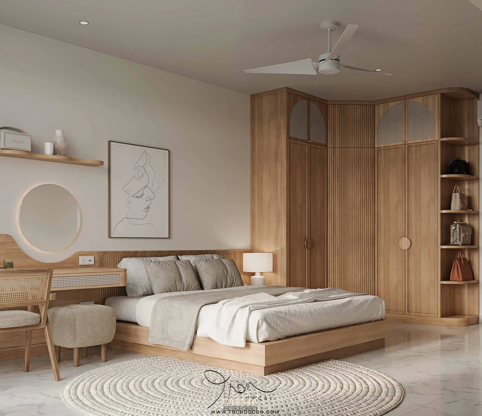 Phòng để quần áo trong phòng ngủ với tủ áo cao sát trần và bàn trang điểm