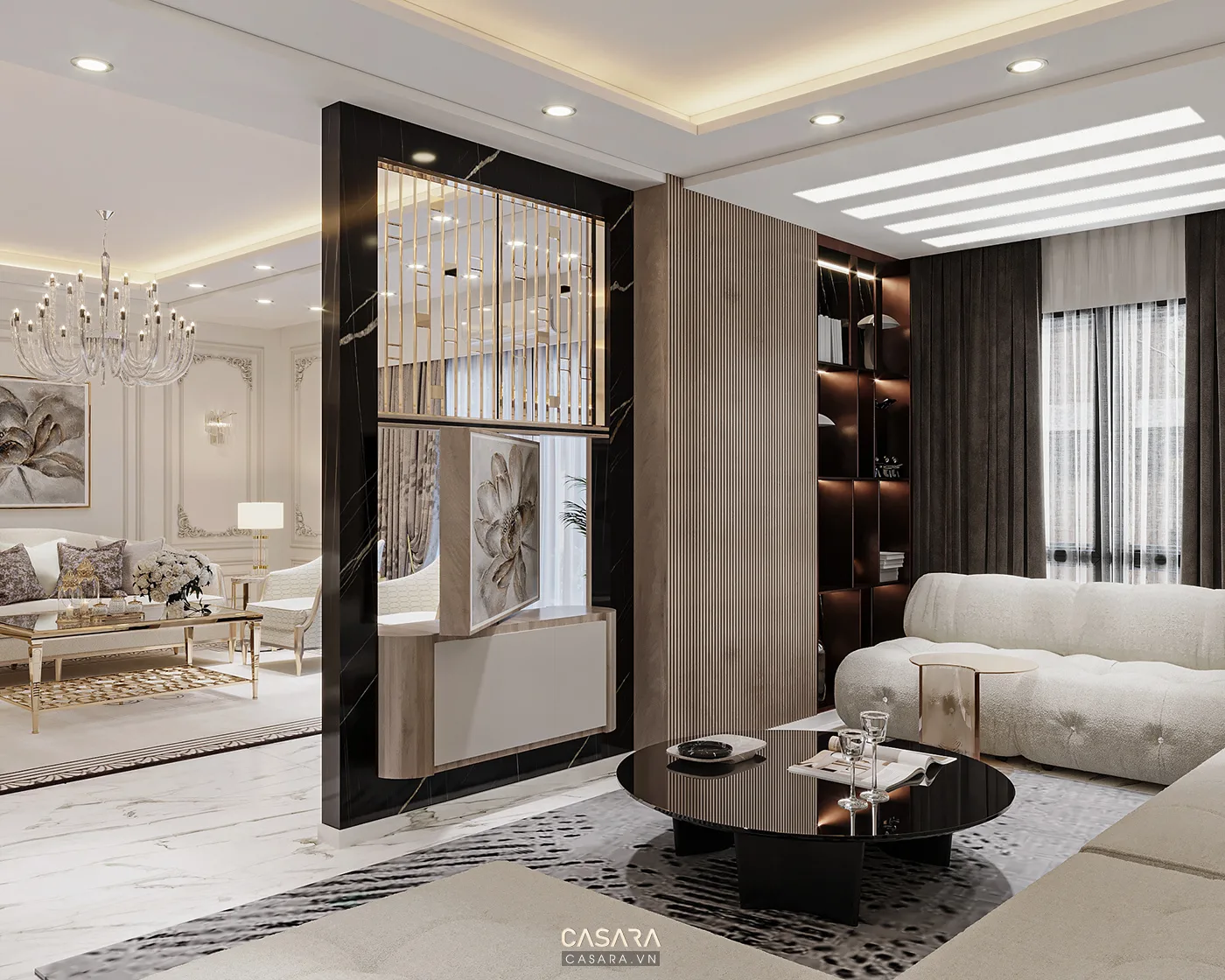 Thiết kế phòng khách hiện đại với sofa chữ L, vách tivi gỗ, kệ tivi treo, đèn âm trần, rèm sáng màu và lối đi thoáng
